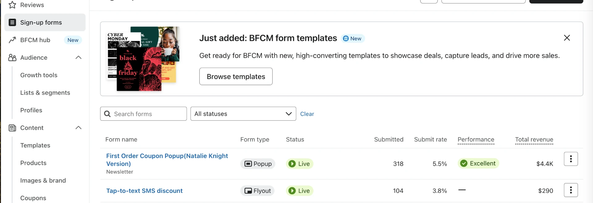 Klaviyo sign-up form performance for one author client, showing a first-order coupon popup built by Natalie Knight with a 5.5% submit rate and $4.4K in revenue