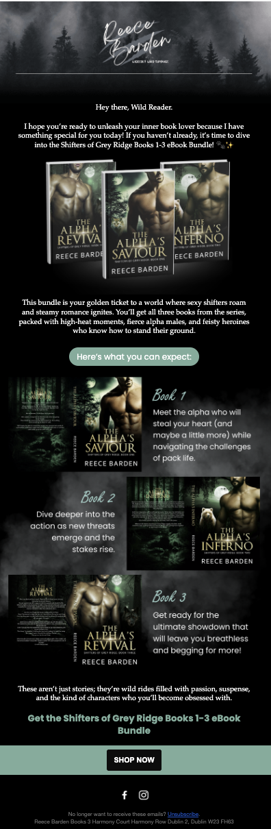 Reece Barden email campaign designed by Natalie Knight, promoting the Shifters of Grey Ridge ebook bundle
